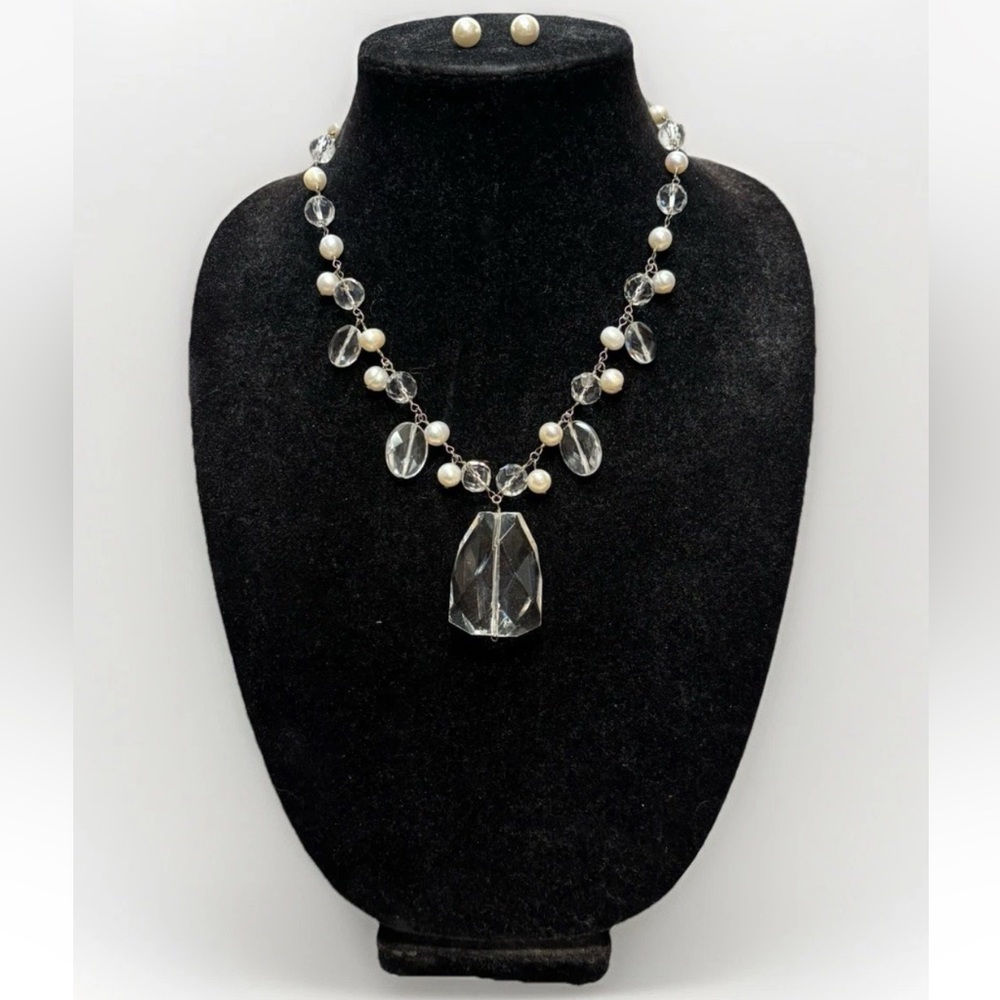 Costume Pearls, Crystal, & Sterling 19-Inch Necklace & Earrings - STAMPED #4328
